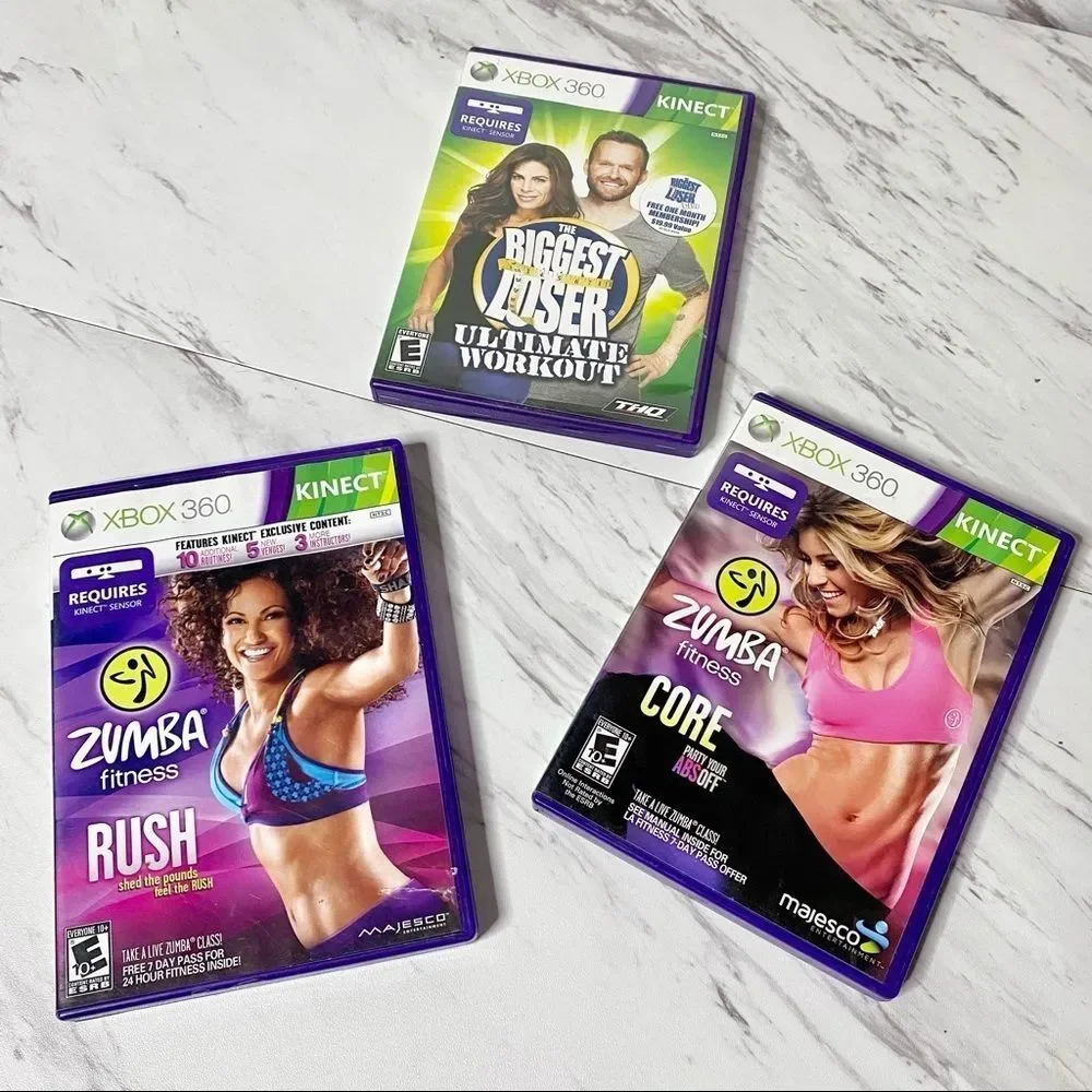Xbox 360 Kinect Fitness Games Bundle Zumba Rush Core Biggest Loser Workout 3 Lot